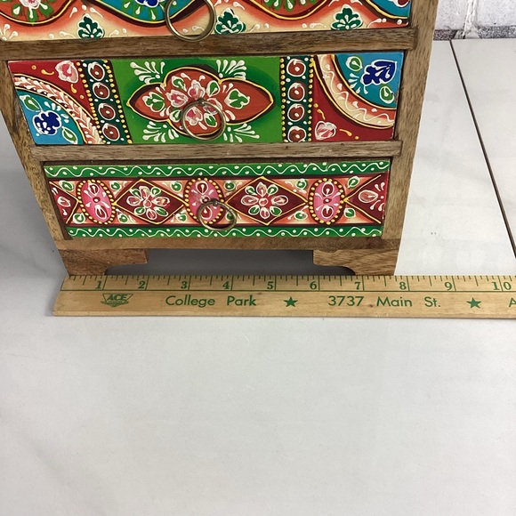 Wooden Handmade Hand-Painted 5-Drawer Chest Rainbow Embossed Work, India - Picture 10 of 12